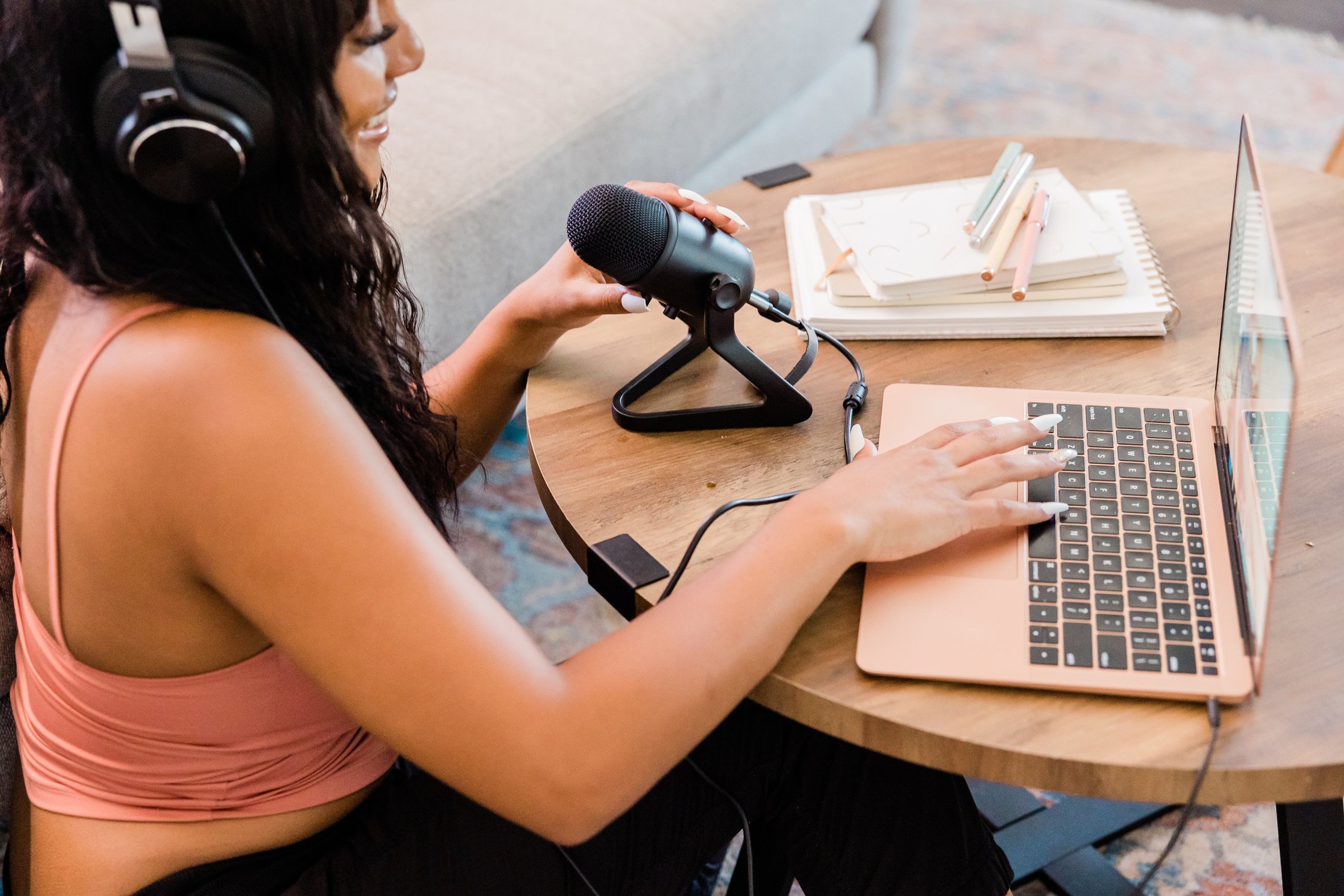 Woman Recording a Podcast in Her Living Room